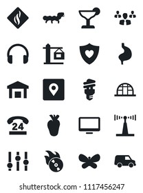 Set of vector isolated black icon - butterfly vector, greenhouse, caterpillar, heart shield, stomach, real, 24 hours, warehouse, flame disk, antenna, settings, headphones, monitor, place tag, crane