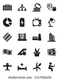 Set of vector isolated black icon - tv vector, ladder car, abacus, circle chart, seedling, hose, blood pressure, pills blister, hospital bed, cash, charge, desk lamp, hierarchy, fence, factory