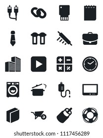 Set of vector isolated black icon - calculator vector, notepad, tie, wheelbarrow, dropper, tv, chain, play button, rca, clock, office building, blank box, washer, rolling pin, steaming pan, case