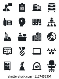 Set of vector isolated black icon - ticket office vector, speaking man, hierarchy, pedestal, medal, brainstorm, manager place, circle chart, monitor pulse, phone, radio, building, identity card