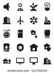 Set of vector isolated black icon - office building vector, monitor, radio phone, house with tree, sweet home, smart, estate insurance, control, irrigation, water heater, snowflake, bulb, sound