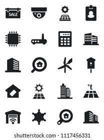 Set of vector isolated black icon - office building vector, bird house, sun panel, sale, estate search, smart home, chip, router, warm floor, garage gate control, police, combination lock, windmill