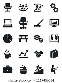 Set of vector isolated black icon - rake vector, bench, blood test vial, case, coffee, company, monitor statistics, pie graph, hr, office chair, blank box, point, notebook pc, copier, handshake