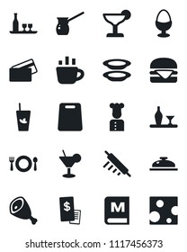 Set of vector isolated black icon - coffee vector, cook, alcohol, cafe, menu, reception, cocktail, phyto bar, plates, egg stand, credit card, restaurant receipt, ham, hamburger, rolling pin, turkish