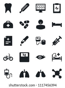 Set of vector isolated black icon - bed vector, monitor pulse, doctor case, diagnosis, syringe, blood pressure, dropper, thermometer, scales, pills, bike, hospital, lungs, tooth, eye, clipboard