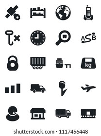 Set of vector isolated black icon - earth vector, store, plane, satellite, office phone, support, truck trailer, car delivery, clock, sea port, no hook, tulip, sorting, heavy, search cargo, route