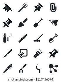 Set of vector isolated black icon - drawing pin vector, trowel, garden fork, shovel, farm, rake, wheelbarrow, sickle, sprayer, scalpel, torch, cut, paper clip, pen, rolling, knife, social media