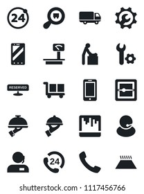 Set of vector isolated black icon - 24 around vector, baby room, mobile phone, hours, support, car delivery, cargo, heavy scales, search, call, scanner, root setup, reserved, waiter, warm floor