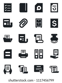 Set of vector isolated black icon - contract vector, office binder, notepad, document, reload, receipt, news, paper clip, folder, search, checklist, printer, archive box, stamp, certificate