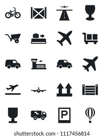 Set of vector isolated black icon - plane vector, runway, departure, baggage conveyor, parking, airport building, wheelbarrow, bike, container, fragile, cargo, up side sign, moving, car, air balloon