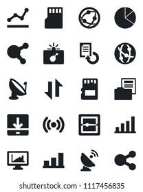 Set of vector isolated black icon - bomb in case vector, document reload, satellite antenna, network, share, scanner, sd, data exchange, download, monitor statistics, bar graph, pie, folder, point