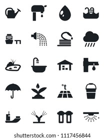 Set of vector isolated black icon - watering can vector, bucket, water drop, rain, hose, drip irrigation, sea shipping, port, umbrella, pond, pool, supply, warehouse, bathroom, filter, warm floor