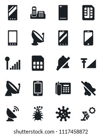 Set of vector isolated black icon - satellite antenna vector, mobile phone, virus, cell, back, sim, mute, cellular signal, office, sun panel