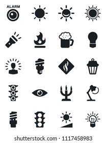 Set of vector isolated black icon - sun vector, bulb, fire, eye, traffic light, torch, brightness, desk lamp, beer, candle, smoke detector, energy saving, outdoor, alarm led, shining head, idea