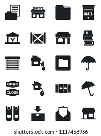 Set of vector isolated black icon - automatic door vector, umbrella, shop, book, store, container, package, mail, folder, document, mailbox, open close, home control, jalousie, garage gate