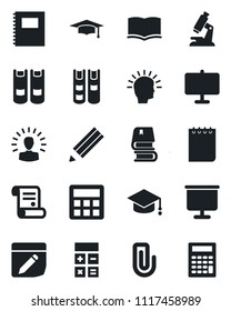 Set of vector isolated black icon - book vector, calculator, graduate, notepad, contract, microscope, notes, copybook, presentation board, paper clip, pencil, shining head