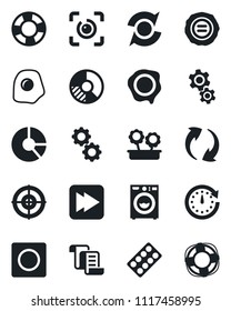 Set of vector isolated black icon - contract vector, circle chart, stamp, pills blister, fast forward, update, record, eye id, target, washer, flower in pot, omelette, gear, clock, crisis management