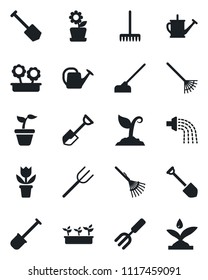 Set of vector isolated black icon - job vector, flower in pot, garden fork, shovel, farm, rake, seedling, watering can, sproute, hoe, irrigation