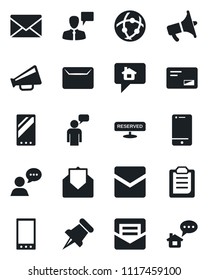 Set of vector isolated black icon - speaking man vector, mail, loudspeaker, cell phone, speaker, paper pin, mobile, network, clipboard, reserved, home message