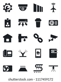 Set of vector isolated black icon - plane radar vector, identity card, drip irrigation, sorting, chain, root setup, air conditioner, smart home, water heater, intercome, control app, filter