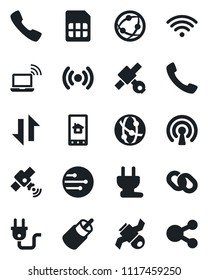 Set of vector isolated black icon - wireless notebook vector, satellite, network, chain, rca, call, sim, data exchange, power plug, home control app, social media