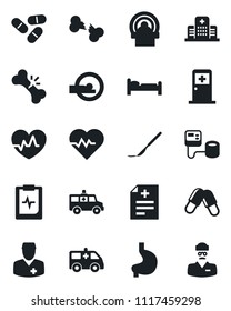 Set of vector isolated black icon - bed vector, medical room, heart pulse, diagnosis, blood pressure, pills, scalpel, tomography, ambulance car, stomach, broken bone, clipboard, hospital, doctor