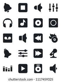 Set of vector isolated black icon - flame disk vector, microphone, speaker, settings, equalizer, headphones, play button, stop, fast forward, rewind, rec, tuning, bell, record, music, sound