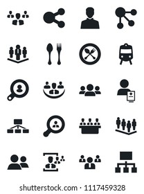 Set of vector isolated black icon - spoon and fork vector, train, team, patient, group, user, company, hr, meeting, client search, social media, hierarchy