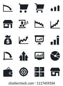 Set of vector isolated black icon - shop vector, checkroom, growth statistic, money bag, crisis graph, monitor statistics, pie, hr, target, arrow up, wallet, cart, presentation, storefront