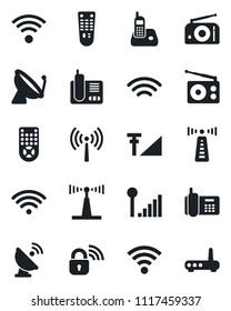 Set of vector isolated black icon - antenna vector, satellite, office phone, radio, remote control, wireless, cellular signal, lock, router