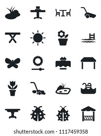 Set of vector isolated black icon - cafe vector, flower in pot, lawn mower, butterfly, lady bug, sun, pond, picnic table, brightness, pool, restaurant, alcove