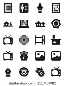 Set of vector isolated black icon - elevator vector, alarm clock, tv, abacus, stamp, fireplace, film frame, vinyl, flame disk, gallery, ink pen, house with tree
