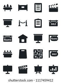 Set of vector isolated black icon - fence vector, presentation board, meeting, clipboard, clapboard, sale, rooms, smart home, cutting, chip