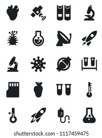 Set of vector isolated black icon - satellite antenna vector, book, blood test vial, dropper, microscope, real heart, joint, virus, sd, thermometer, rocket, flask