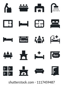 Set of vector isolated black icon - baby room vector, bed, shower, checkroom, meeting, fireplace, hospital, plan, rent, rooms, bedroom, cushioned furniture, door