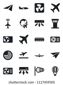 Set of vector isolated black icon - plane vector, airport tower, radar, departure, wind, globe, air conditioner, fan, paper, balloon