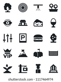 Set of vector isolated black icon - parking vector, vip, tree, cargo container, vinyl, tuning, eye id, fruit, flower in pot, crane, mailbox, cook, egg stand, cafe building, hamburger, cheese, office