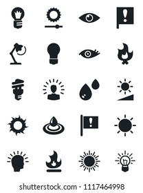 Set of vector isolated black icon - sun vector, bulb, fire, eye, important flag, brightness, desk lamp, water, energy saving, shining head, idea