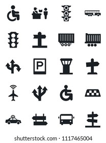 Set of vector isolated black icon - airport tower vector, plane radar, taxi, bus, parking, passport control, signpost, alarm car, disabled, route, traffic light, truck trailer, guidepost