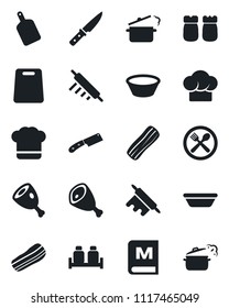 Set of vector isolated black icon - cafe vector, cook hat, menu, bacon, salt and pepper, ham, bowl, rolling pin, cutting board, knife, steaming pan