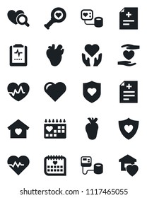 Set of vector isolated black icon - heart vector, pulse, diagnosis, blood pressure, diagnostic, shield, hand, real, medical calendar, clipboard, sweet home