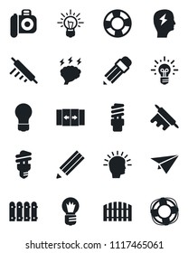 Set of vector isolated black icon - automatic door vector, brainstorm, bulb, camera, pencil, fence, rolling pin, energy saving, shining head, idea, paper plane, crisis management