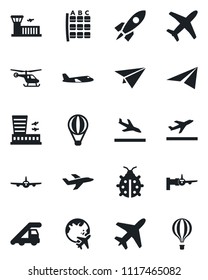 Set of vector isolated black icon - plane vector, departure, arrival, ladder car, boarding, helicopter, seat map, globe, airport building, lady bug, rocket, paper, air balloon