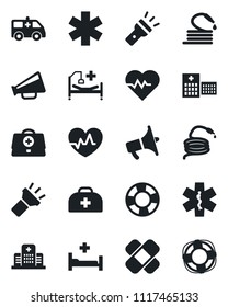 Set of vector isolated black icon - hose vector, heart pulse, doctor case, patch, ambulance star, car, hospital bed, loudspeaker, torch, crisis management