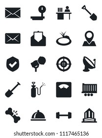Set of vector isolated black icon - mail vector, job, shovel, pond, garden sprayer, scales, barbell, broken bone, pin, truck trailer, shield, heavy, satellite antenna, microphone, manager desk, dish
