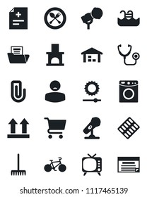 Set of vector isolated black icon - spoon and fork vector, rake, fireplace, diagnosis, stethoscope, pills blister, bike, patient, up side sign, microphone, tv, brightness, paper clip, pool, washer