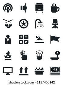 Set of vector isolated black icon - arrival vector, shower, office chair, calculator, meeting, fire, up side sign, heavy scales, speaker, touch screen, monitor, archive box, waiter, coffee, sushi
