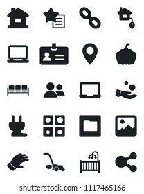 Set of vector isolated black icon - waiting area vector, identity, notebook pc, glove, lawn mower, pumpkin, pin, laptop, chain, group, favorites list, gallery, folder, application, house, power plug