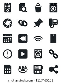 Set of vector isolated black icon - bucket vector, chain, paper pin, play button, rewind, phone back, mobile camera, stopwatch, sim, calendar, wireless, company, clock, document search, washer