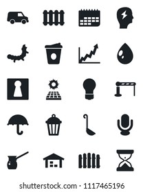 Set of vector isolated black icon - barrier vector, female, coffee, brainstorm, bulb, fence, water drop, garden light, caterpillar, term, umbrella, microphone, sun panel, warehouse, ladle, turkish